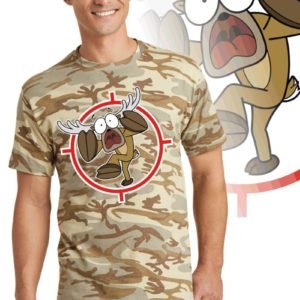 Printed Tee, desert camouflage with print of a cartoon of a full body panicked buck in the cross-hairs of a gun scope.
