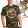 Printed Tee, military green camouflage with print of a cartoon of a full body panicked buck in the cross-hairs of a gun scope.