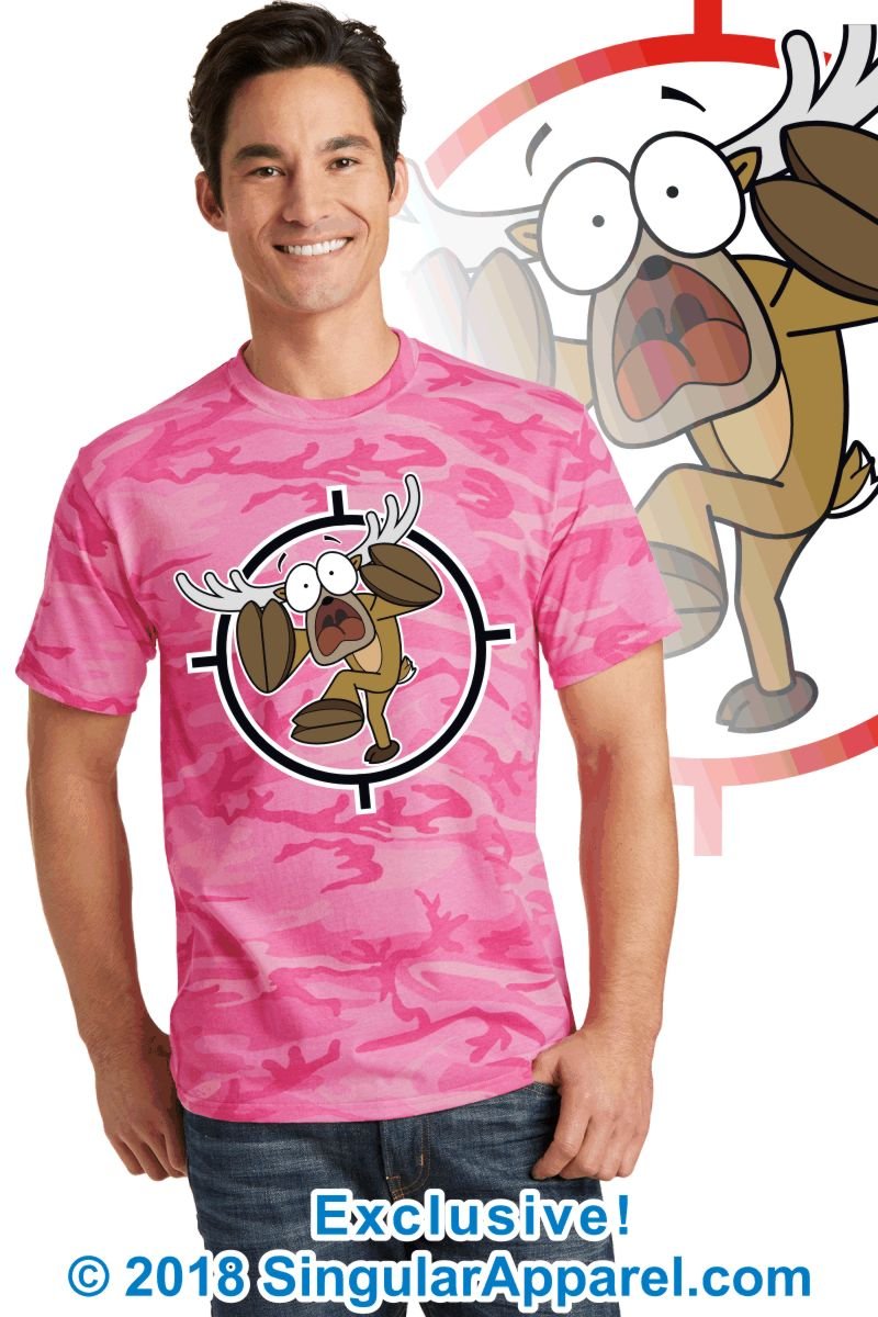 Printed Tee, pink camouflage with print of a cartoon of a full body panicked buck in the cross-hairs of a gun scope.Printed Tee, pink camouflage with print of a cartoon of a full body panicked buck in the cross-hairs of a gun scope.