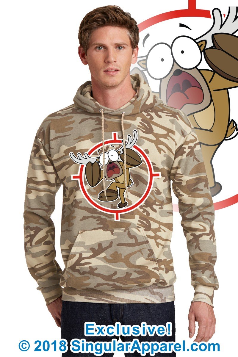 Printed Hoodie, Desert camouflage with print of a cartoon of a full body panicked buck in the crosshairs of a gun scope.