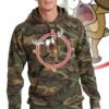 Printed Hoodie, Military camouflage with print of a cartoon of a full body panicked buck in the crosshairs of a gun scope.