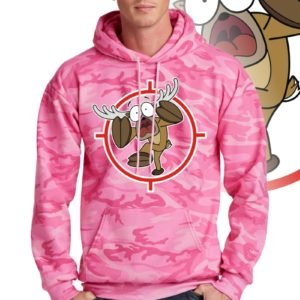 Printed Hoodie, Pink camouflage with print of a cartoon of a full body panicked buck in the crosshairs of a gun scope.
