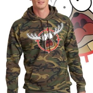 Printed Hoodie, Military camouflage with print of a cartoon of a full body panicked buck in the crosshairs of a gun scope.